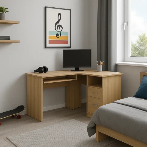 Biurko narożne z półką na klawiaturę i szufladami2.webp